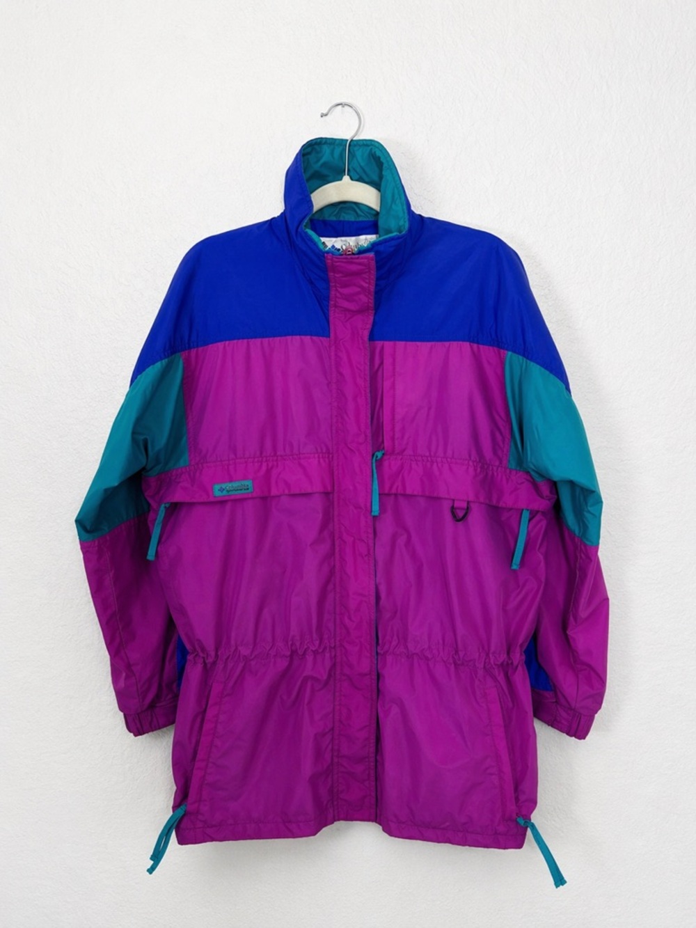 Columbia Vintage 80s Colorblock Windbreaker Jacket in Magenta, Teal & Royal Blue